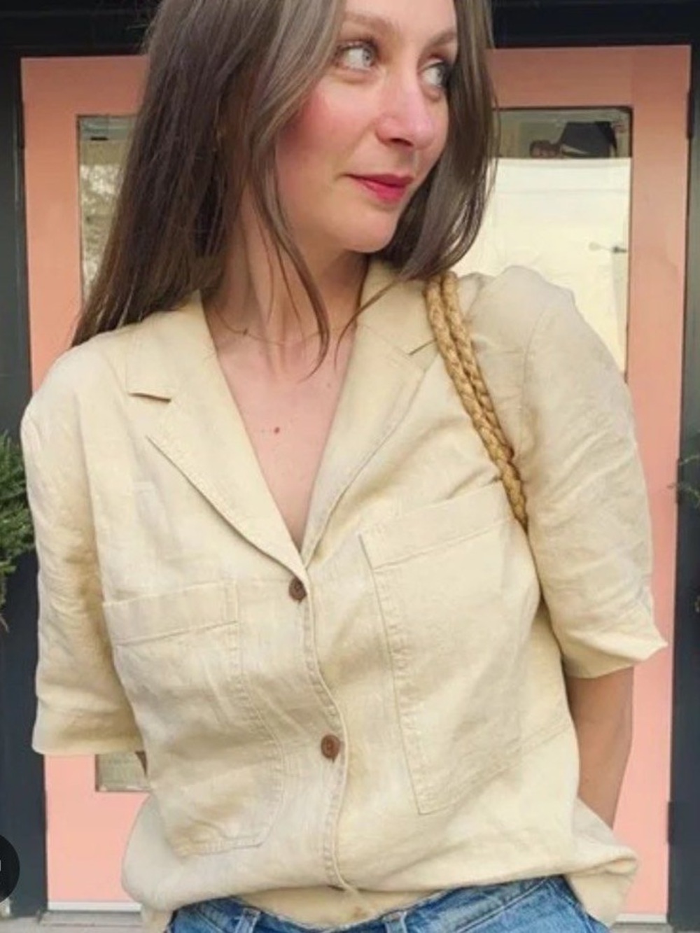 Everlane Leek Green Linen Short Sleeve Boxy Workwear Shirt Jacket Small